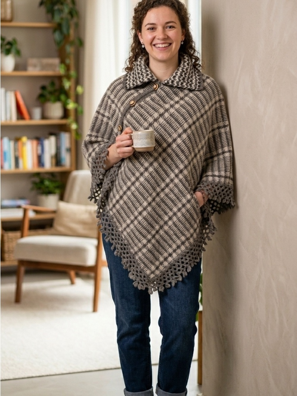 Hand Crafted Plaid Knit Cape in Gray and Cream